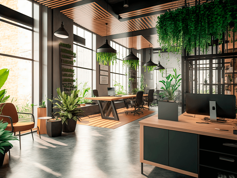 Imagem de um espaço de trabalho interno com várias plantas, representando a tendência verde no novo momento do mercado imobiliário.