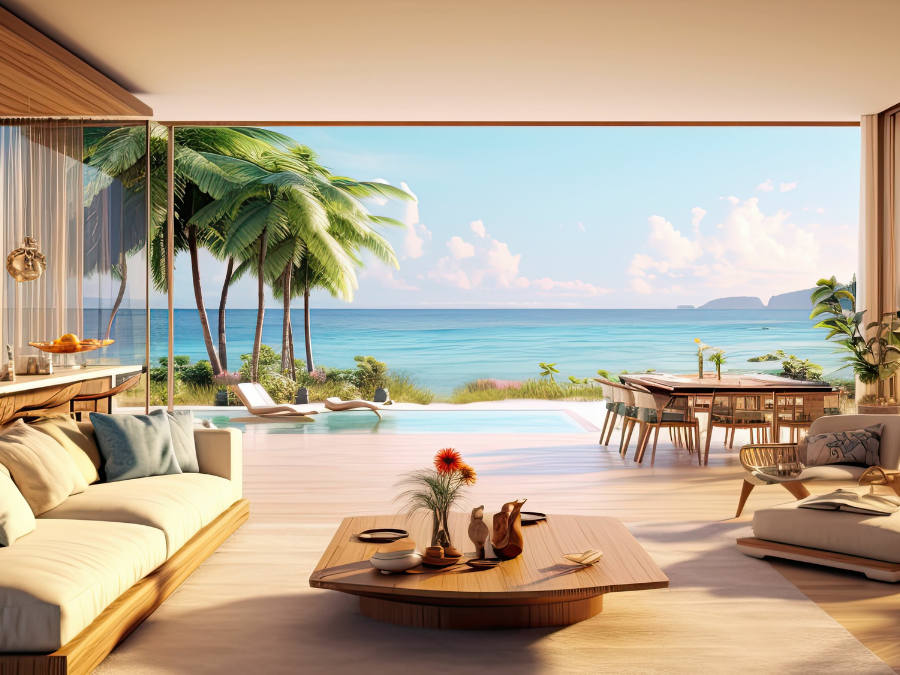 Interior moderno e luxuoso da sala de estar em plano aberto com cozinha e sala de jantar, vista para o mar, vibrações de praia, paraíso tropical, IA renderizada.
