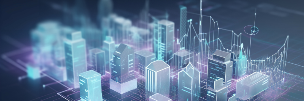 Panorama digital do mercado imobiliário, com recursos visuais de design e análise de dados. Imagem gerada por IA.